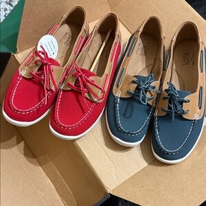 Two NEW pairs of Croft & Barrow women’s Red and Navy Boat Shoes size 8